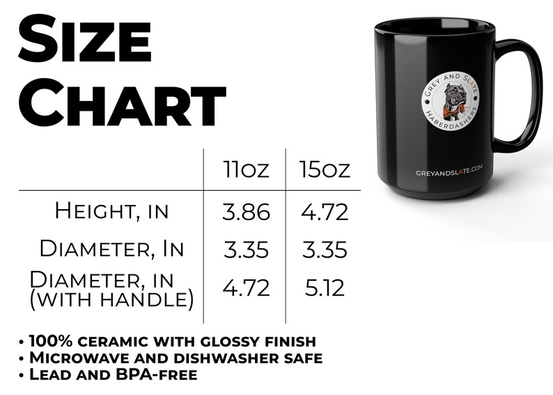 Puede incluir: Taza de cer&aacute;mica negra con asa, con un logotipo circular con una ilustraci&oacute;n de perro. Se muestra una tabla de tallas con dimensiones en pulgadas. El texto de la taza dice "GREY AND SLATE HABERDASHERS". La taza mide 9.8 cm de alto y 8.5 cm de di&aacute;metro.