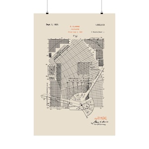 May include: A vintage patent print for an E. Clarke calculator, dated September 1, 1925, with patent number 1,552,113. The document features black technical line drawings, grids, and diagrams on a light beige background with orange text accents.
