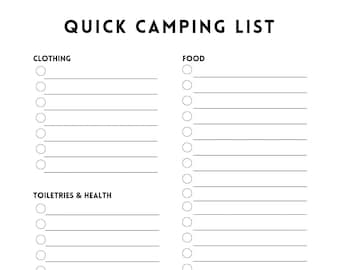 Minimal Quick Camping Trip Packing List Printable