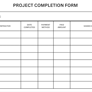 Può includere: Un modulo di completamento del progetto vuoto con colonne per il subappaltatore, la data di completamento, il metodo di pagamento, l'importo pagato e la firma.