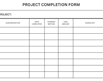 Simple Project Subcontractor Completion Form