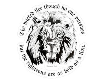 Hand Drawn by 12 Year old Son- Lion Illustration Kiss-Cut Sticker | Proverbs 28:1 Bible Verse