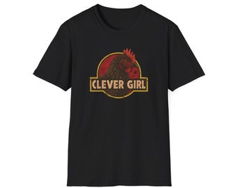 Clever Girl Chicken Logo T-Shirt | Dinosaur Movie Parody, Retro Badge