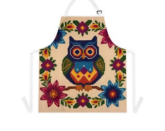 Colorful Owl Apron: Floral Kitchen Decor, Adjustable Polyester Apron