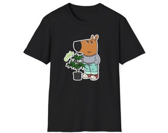 Chill Guy Unisex Softstyle T-Shirt, Meme Dog in Grey Sweater, Blue Jeans, Red Sneakers Social Media Viral Tee, Funny Graphic Top