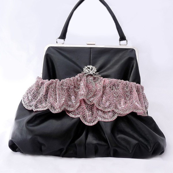 Hold for Brooke --   Purse Bag Black w Vintage Sweet Pink Beaded Embellishment and Rhinestones // Vegan