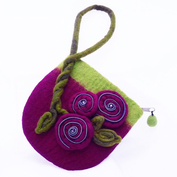 Felted Wool Wristlet w Zipper Kawaii Flowers Grape and Lime Perfect for Nights and Days