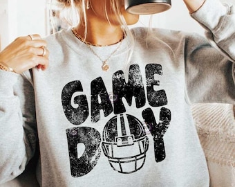 Bluza Vintage Game Day, zniszczona bluza z kapturem Game Day, bluza z okrągłym dekoltem Tailgate, niedzielna koszulka piłkarska, sweter Football Mom, szkolny dzień gry