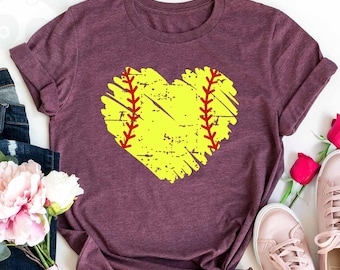 Softball Heart Shirt, Mom Softball Shirt, Distressed Baseball Shirt, Softball Mom gift, Baseball Heart Shirt, Softball game day shirt