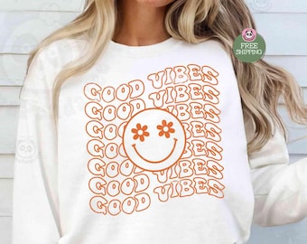 Good Vibes-sweater / Boho Happy Face-sweater / Vintage Aesthetic hoodie / Positieve trui / retrosweater / Smile Face-sweater