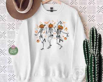 骸骨ハロウィンスウェットシャツ、カボチャスウェットシャツ、面白い秋のスウェットシャツ、不気味な季節のセーター、女性用秋シャツ、踊る骸骨
