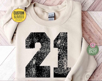 Custom Sports Number Sweatshirt, Personalized Number Crewneck, Distressed Retro Number Sweater, Game Day Sweatshirt, Custom Team Fan Hoodie