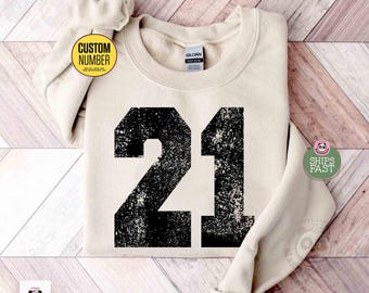 Benutzerdefinierte Sportnummer Sweatshirt, personalisierte Nummer Rundhalsausschnitt, beunruhigter Retro Nummer Pullover, Spieltag Sweatshirt, benutzerdefinierter Team Fan Hoodie