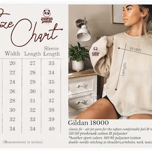 May include: A size chart for a sweatshirt, with measurements in inches, next to a person wearing a beige sweatshirt. The chart lists sizes S to 5XL, with width, length, and sleeve length measurements. The sweatshirt is Gildan 18000.