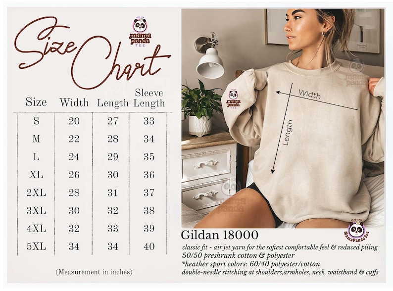 May include: A size chart for a sweatshirt, with measurements in inches, next to a person wearing a beige sweatshirt. The chart lists sizes S to 5XL, with width, length, and sleeve length measurements. The sweatshirt is Gildan 18000.