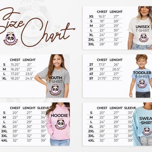 May include: A size chart for apparel featuring tables for unisex t-shirts, youth t-shirts, toddler t-shirts, hoodies, and sweatshirts. Each section lists chest, length, and sleeve measurements in inches alongside images of the garments.