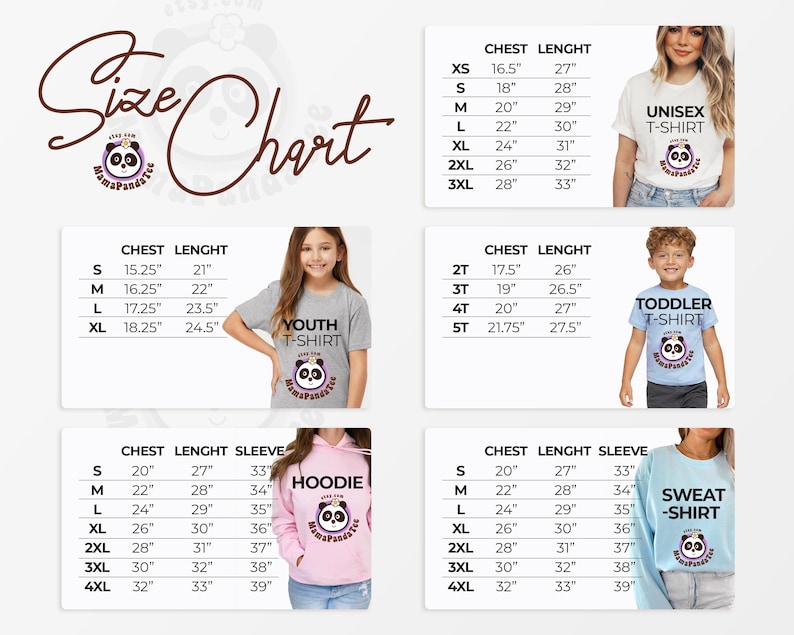May include: A size chart for apparel featuring tables for unisex t-shirts, youth t-shirts, toddler t-shirts, hoodies, and sweatshirts. Each section lists chest, length, and sleeve measurements in inches alongside images of the garments.
