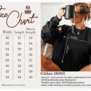 May include: Black sweatshirt with a size chart showing measurements in inches. The chart lists sizes S to 5XL, with width measurements from 20 to 34 inches and length measurements from 27 to 34 inches. The sweatshirt is made of a cotton and polyester blend.