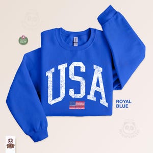 May include: Royal blue sweatshirt with the word "USA" in distressed white lettering and a small American flag graphic. The sweatshirt is a crew neck style.