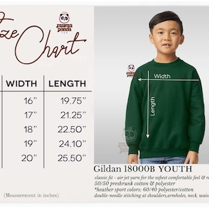 May include: A size chart for youth sweatshirts, with measurements in inches. The chart lists sizes XS to XL, with corresponding width and length measurements. A young person models a dark green sweatshirt. The sweatshirt is Gildan 18000B YOUTH.
