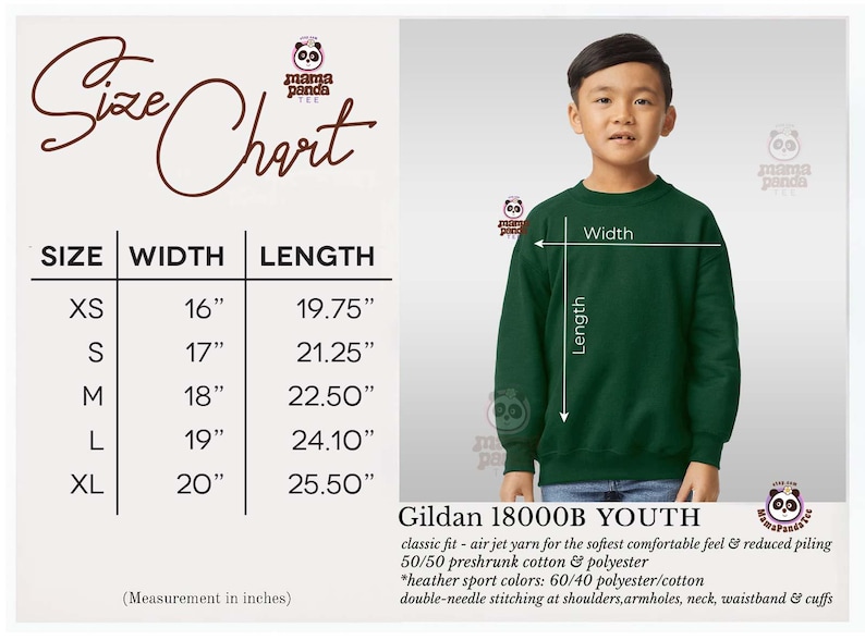 May include: A size chart for youth sweatshirts, with measurements in inches. The chart lists sizes XS to XL, with corresponding width and length measurements. A young person models a dark green sweatshirt. The sweatshirt is Gildan 18000B YOUTH.