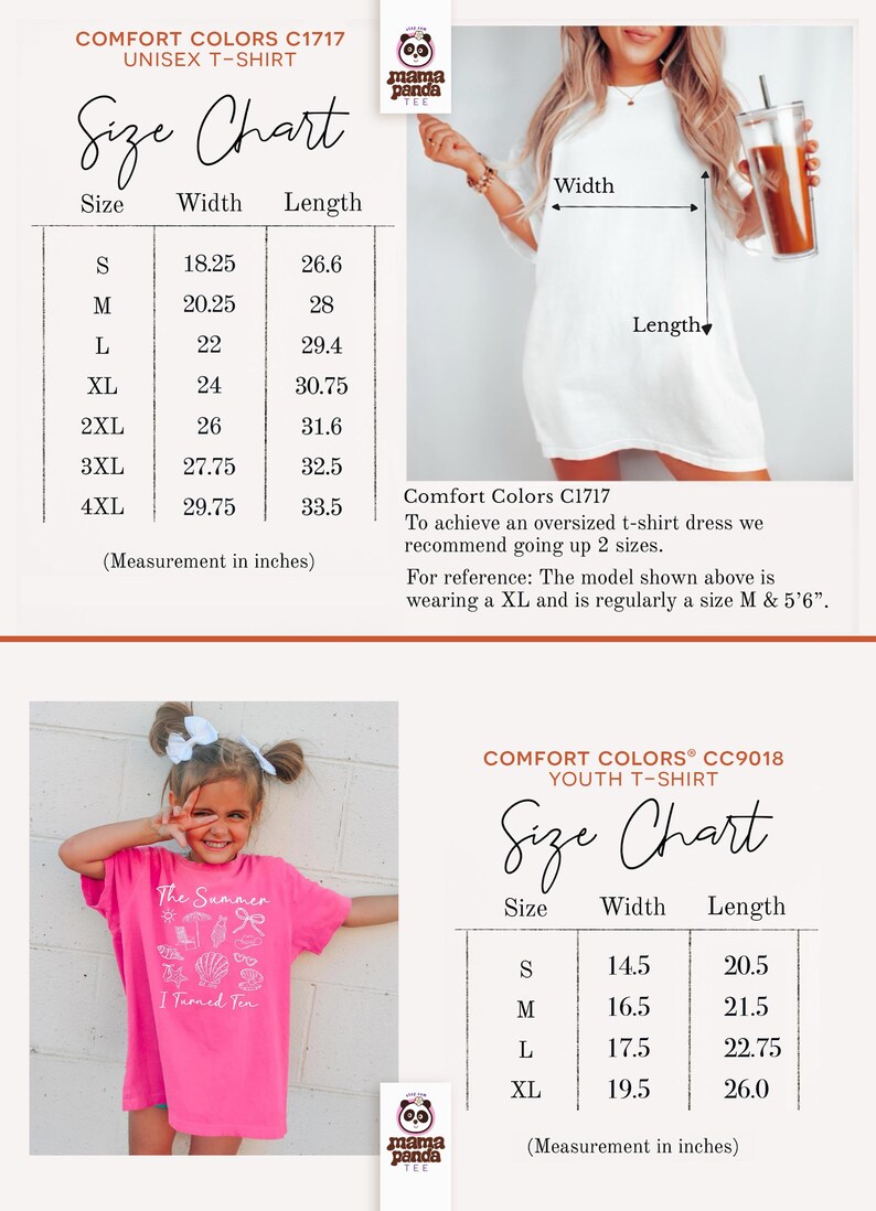 May include: A size chart for Comfort Colors C1717 unisex t-shirts and CC9018 youth t-shirts. The charts display width and length measurements in inches for sizes S through 4XL and S through XL respectively, alongside images of t-shirts.
