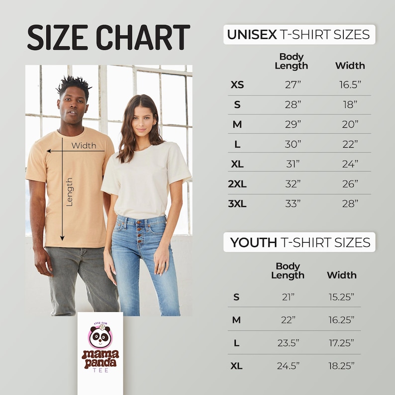May include: Size chart for unisex and youth t-shirts. The chart shows the body length and width in inches for each size. Sizes include XS, S, M, L, XL, 2XL, 3XL for unisex and S, M, L, XL for youth.