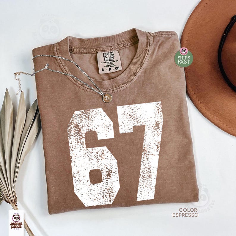 May include: Espresso-colored t-shirt with the number 67 in white, featuring a distressed, vintage design. The shirt has a crew neck and short sleeves. A silver necklace with a pendant rests on the shirt. A brown hat is visible in the background.