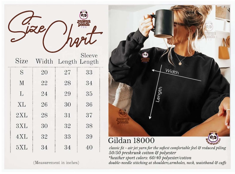 May include: Size chart for a Gildan 18000 sweatshirt with measurements in inches for width, length, and sleeve length. The chart shows sizes from S to 5XL. The sweatshirt is described as having a classic fit, air jet yarn for a soft feel, and reduced piling. The fabric is 50/50 preshrunk cotton and polyester, with heather sport colors being 60/40 polyester/cotton. The sweatshirt has double-needle stitching at the shoulders, armholes, neck, waistband, and cuffs.
