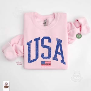 May include: Light pink sweatshirt with the word "USA" in distressed blue lettering and a small American flag graphic. The sweatshirt is folded with the sleeves draped to the sides. The text "LIGHT PINK" is printed on the front.