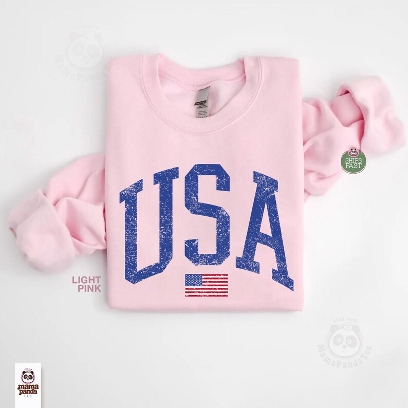 May include: Light pink sweatshirt with the word "USA" in distressed blue lettering and a small American flag graphic. The sweatshirt is folded with the sleeves draped to the sides. The text "LIGHT PINK" is printed on the front.
