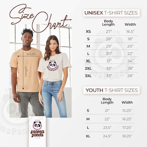 May include: A size chart for unisex and youth t-shirts. The chart shows body length and width measurements in inches for sizes XS to 3XL for unisex and S to XL for youth. The image also shows two people wearing t-shirts.