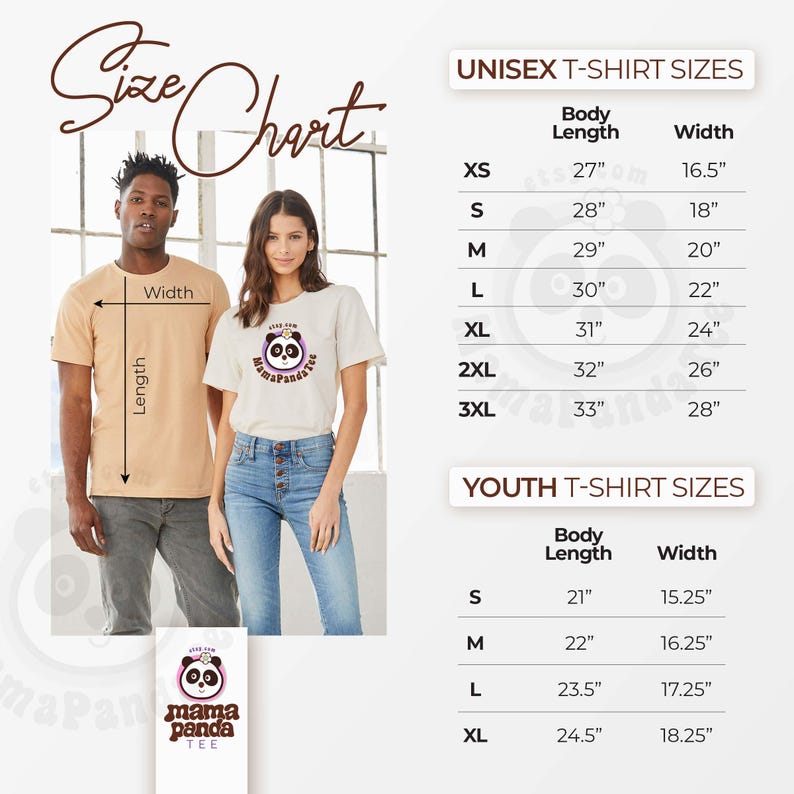 May include: A size chart for unisex and youth t-shirts. The chart shows body length and width measurements in inches for sizes XS to 3XL for unisex and S to XL for youth. The image also shows two people wearing t-shirts.