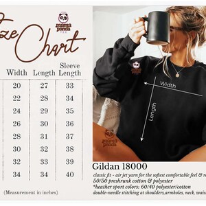 May include: Size chart for a Gildan 18000 sweatshirt with measurements in inches for width, length, and sleeve length. The chart shows sizes from S to 5XL. The sweatshirt is described as having a classic fit, air jet yarn for a soft feel, and reduced piling. The fabric is 50/50 preshrunk cotton and polyester, with heather sport colors being 60/40 polyester/cotton. The sweatshirt has double-needle stitching at the shoulders, armholes, neck, waistband, and cuffs.