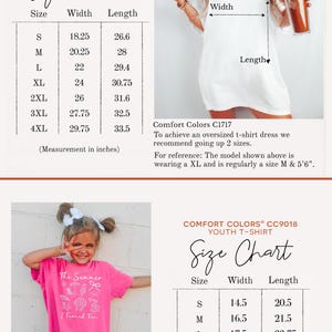 May include: Size charts for Comfort Colors unisex and youth t-shirts. The unisex chart includes sizes S-4XL, with widths from 18.25 to 29.75 inches and lengths from 26.6 to 33.5 inches. The youth chart includes sizes S-XL.