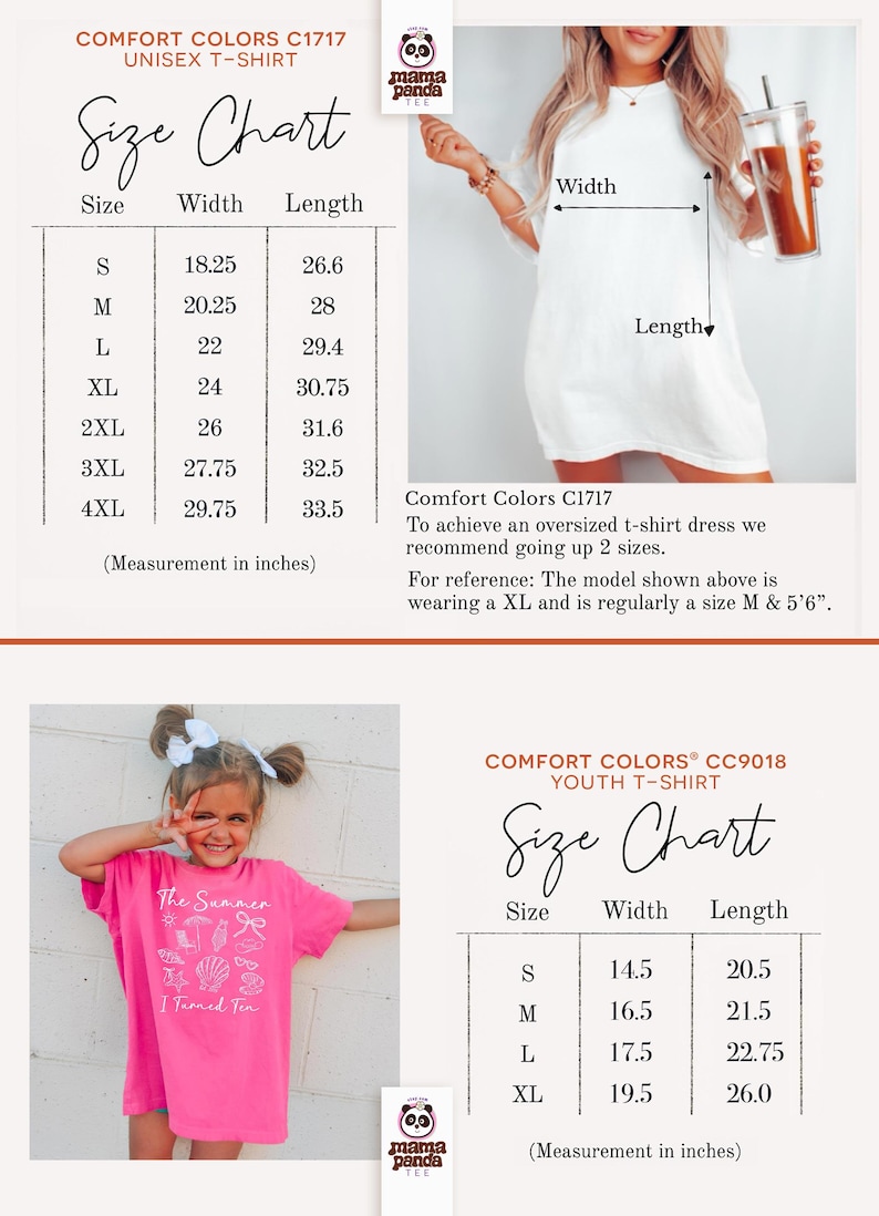May include: Size charts for Comfort Colors unisex and youth t-shirts. The unisex chart includes sizes S-4XL, with widths from 18.25 to 29.75 inches and lengths from 26.6 to 33.5 inches. The youth chart includes sizes S-XL.