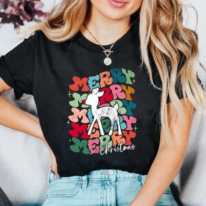 May include: Black t-shirt with a colorful retro design featuring the words "Merry Christmas" and a white reindeer silhouette.