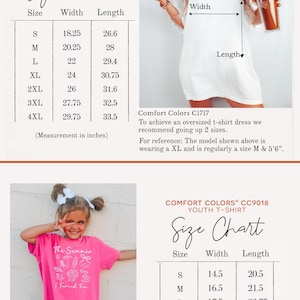 Może przedstawiać: Obraz przedstawia tabele rozmiar&oacute;w dla koszulek unisex i młodzieżowych Comfort Colors. Tabela unisex obejmuje rozmiary od S do 4XL, o szerokościach od 46,35 cm do 75,57 cm i długościach od 67,56 cm do 85,09 cm. Tabela młodzieżowa obejmuje rozmiary od S do XL.