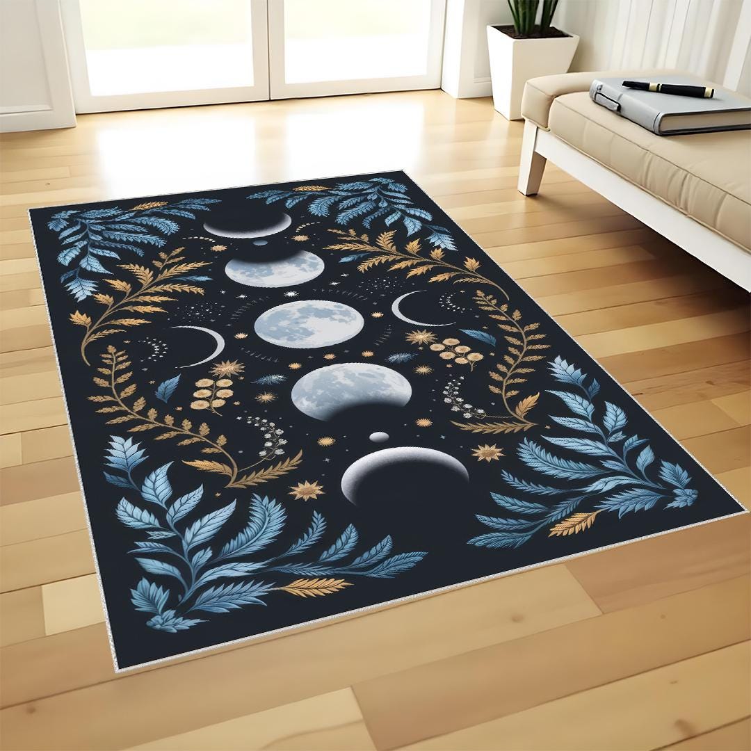 Moon Floor Pattern Moon Phases Rug | Lunar Cycle Design Area Carpet | Boho Moon Decor Rug ...