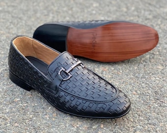 Handmade Braided Leather Loafers – Men’s Woven Slip-On Dress Shoes