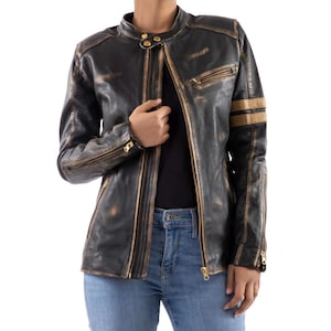 Distressed Leather Motorcycle Jacket: Vintage Cafe Racer Style Lambskin Jacket for Women