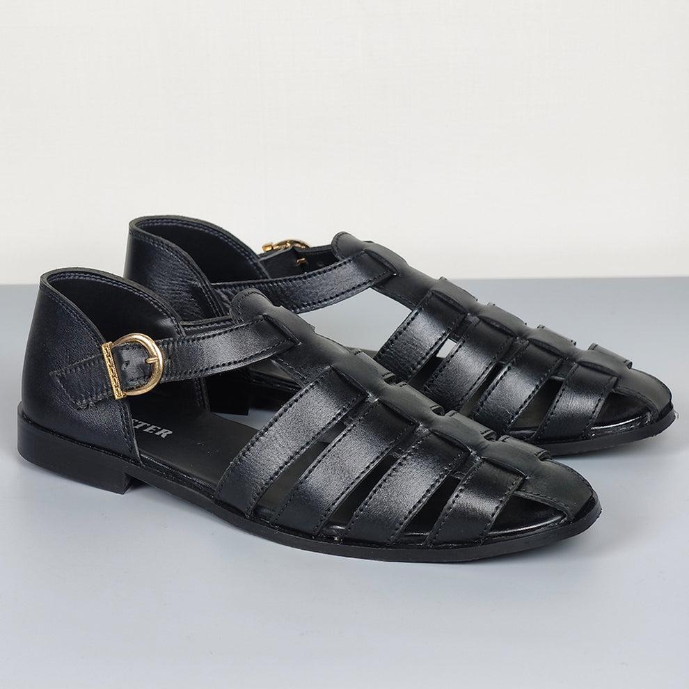 Greek Handmade Black Leather Fisherman Sandals: Adjustable 