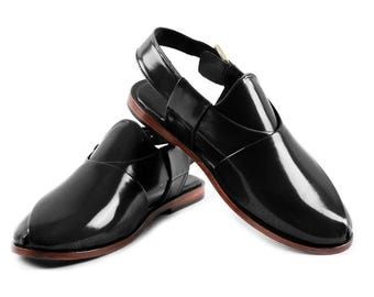 Men's Peshawari Chappal, Real Patina Leather with Enclosed Toe and Back Strap