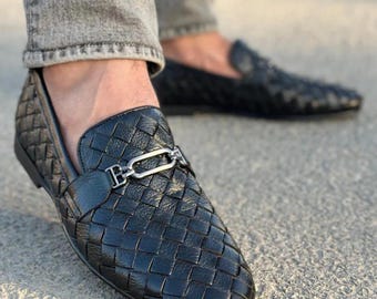 Handmade Woven Leather Loafers – Men's Dress Shoes with Rubber Sole – Mens Moccasins