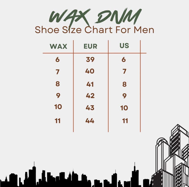May include: A shoe size chart for men, showing corresponding sizes in WAX, EUR, and US sizing. The chart shows sizes 6 through 11 in WAX, 39 through 44 in EUR, and 6 through 11 in US.
