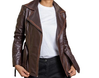 Distressed Brown Lambskin Leather Biker Jacket - Women's Retro Motorcycle Coat