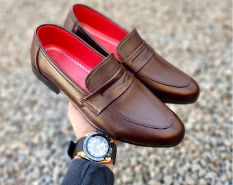 Handmade Leather Penny Loafers: Men's Formal Slip-On Moccasins Mens Shoes