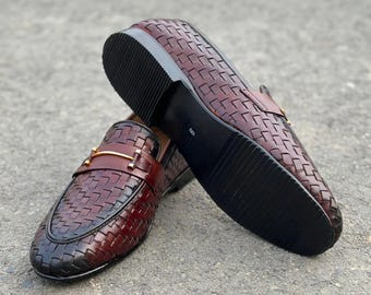 Handmade Woven Suede Leather Loafers, Italian Style Shoe: Men's Wedding Dress Shoes