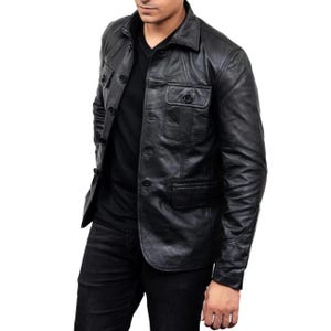 Men’s Leather Jacket, 5-Button Long Jacket with Lapel Collar & Four Pockets, Real Leather Coat, Handmade Gift For Him, Black Leather Jacket
