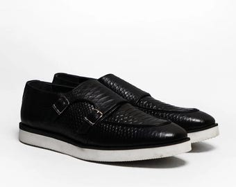 Handmade Leather Monk Strap Sneakers: Mens White Sole Loafers